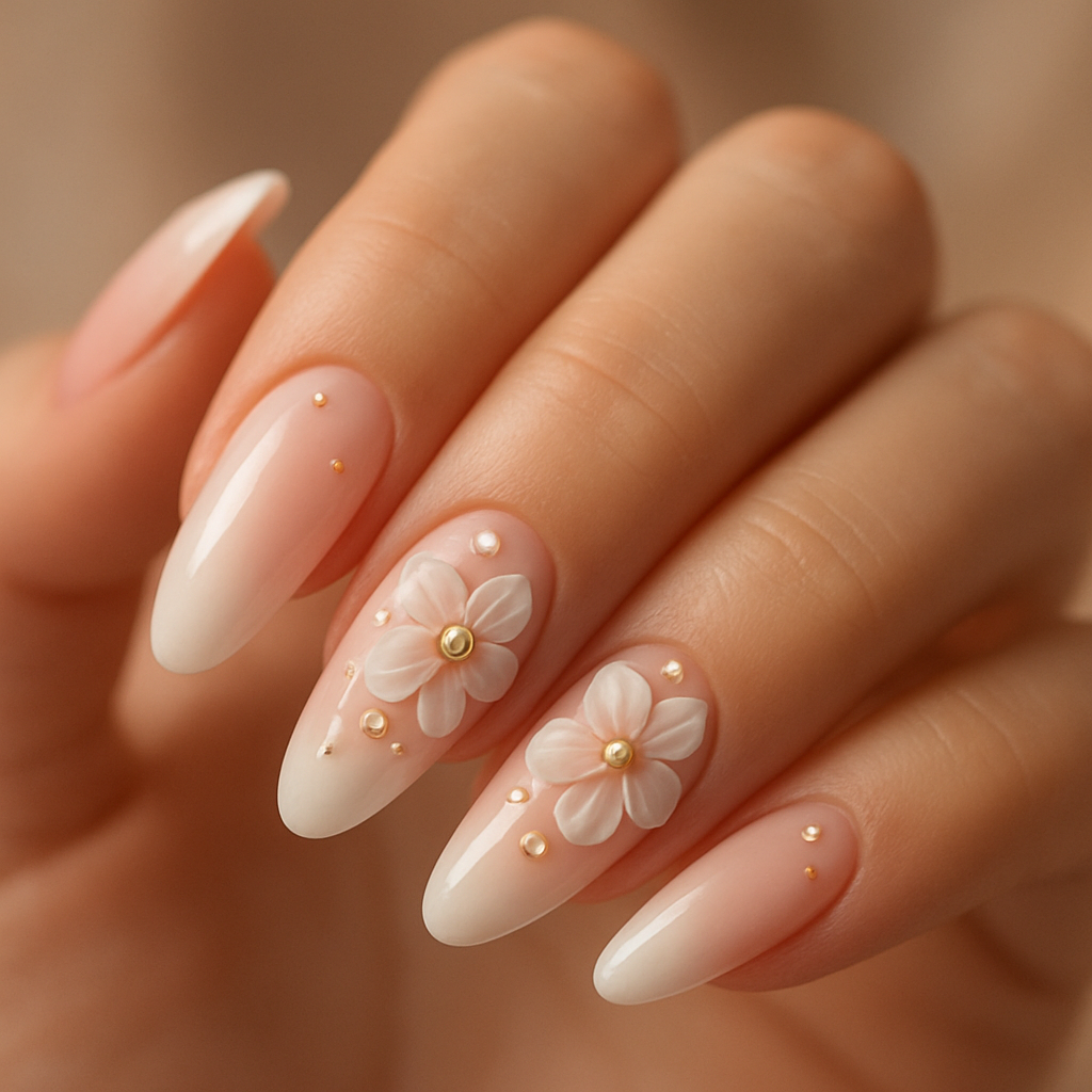 Bridal ombre nails with pearls and florals