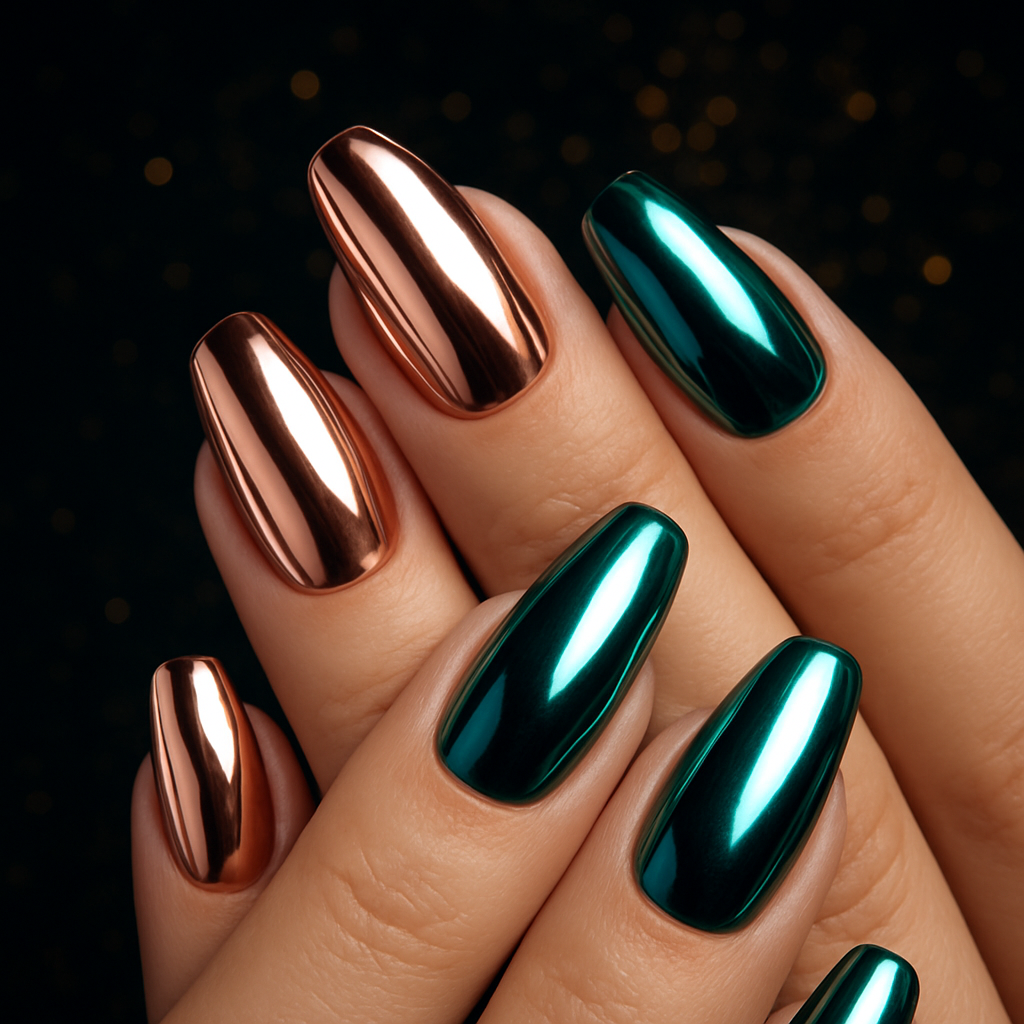 Chrome mirror nails in rose gold and emerald